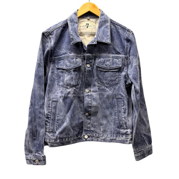 7 For All Mankind Jacket Mens Medium Blue Stone Wash Denim Trucker Button Up